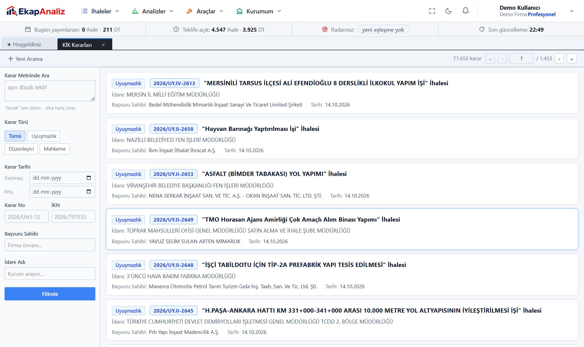 KİK Kararları ekranı